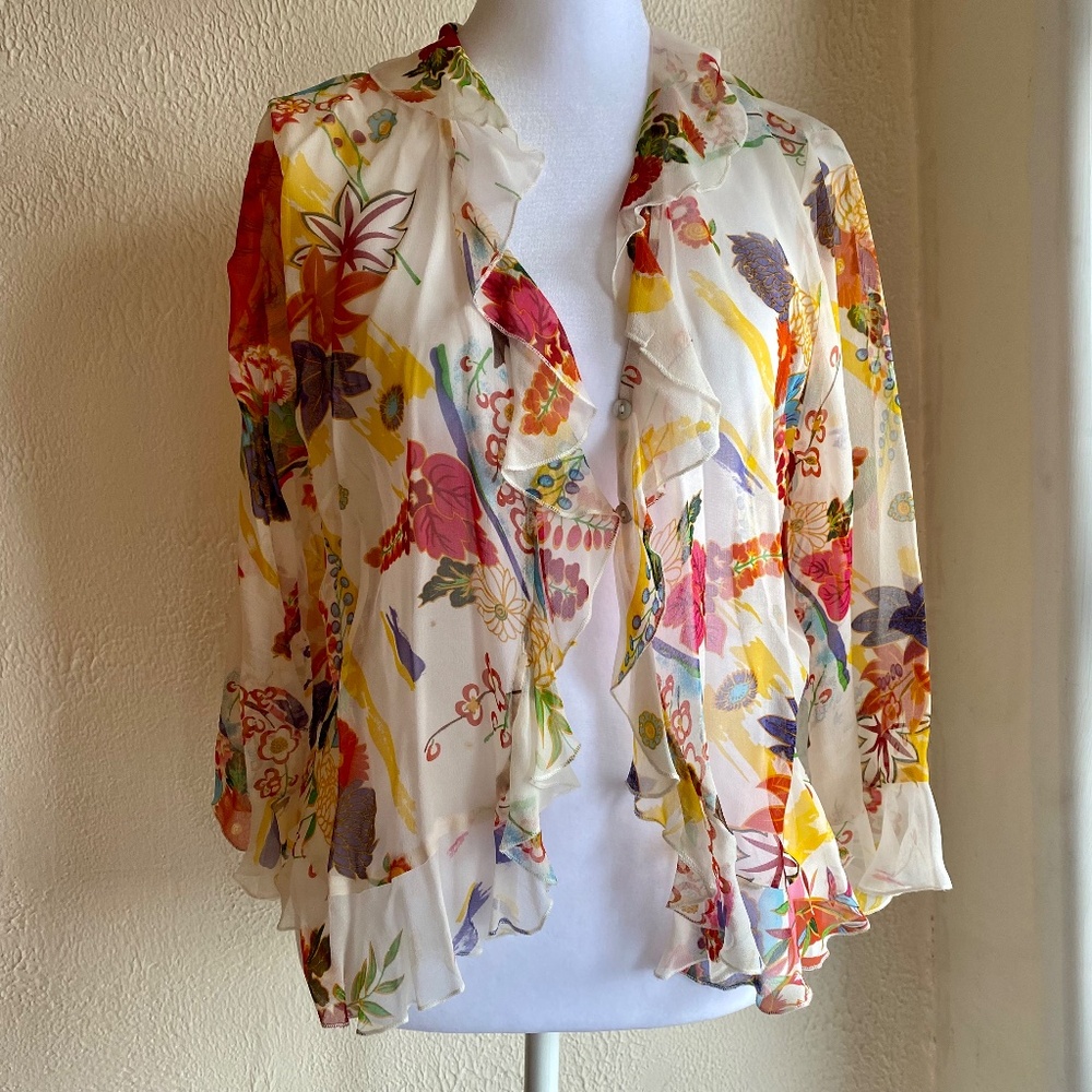 Vintage Y2K Karen Kane silk ruffled floral blouse Sz M